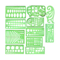 Clear green plastic geometric drawing templates set with eleven pieces and poly zipper envelope on white background