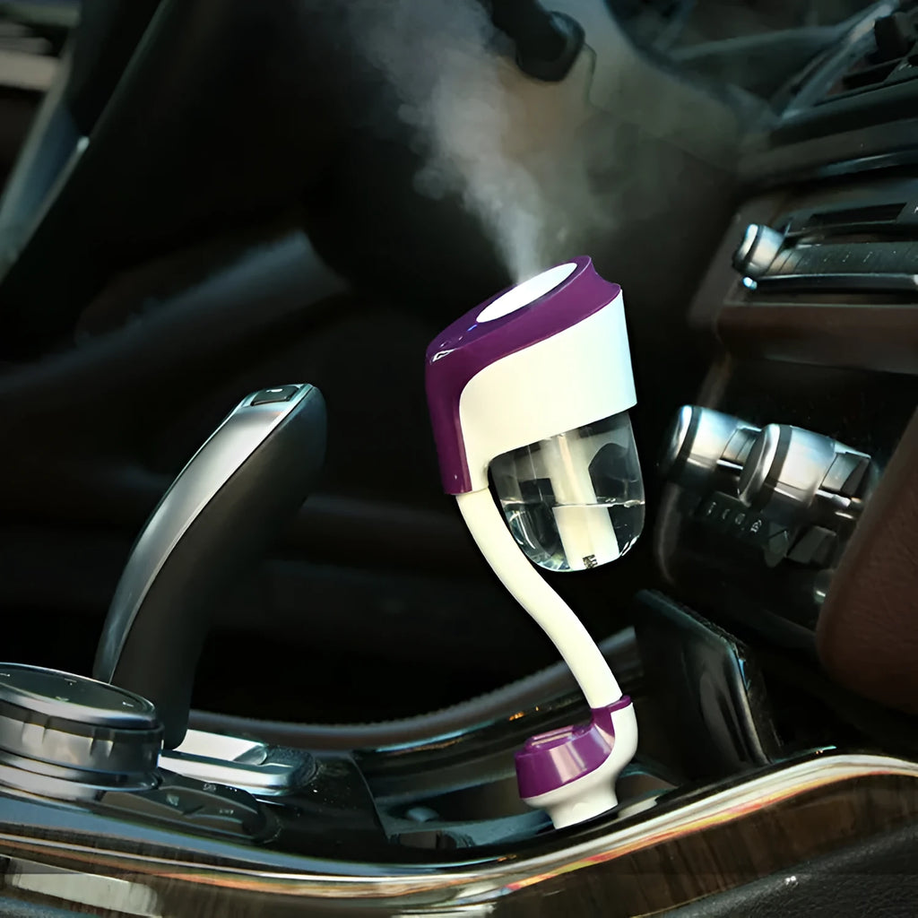 Mini car USB humidifier in black with 50ml tank, compact 68x70x210mm size for vehicle cup holder