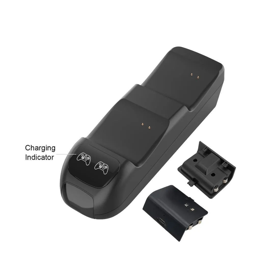 Black Xbox Series X controller charging dock with two controllers on charging station showing LED indicators