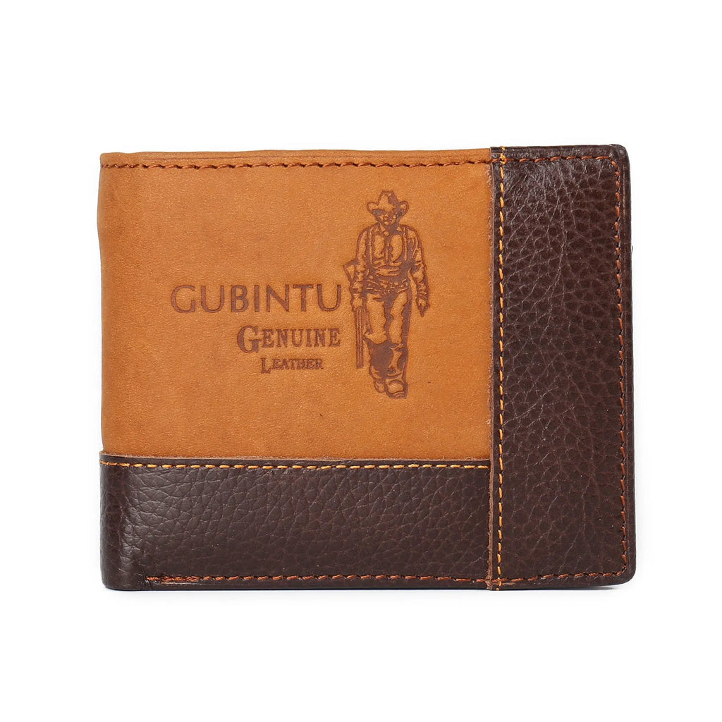 Men's brown leather wallet with contrast stitching, open to show card slots, bill compartment, and a zippered section.