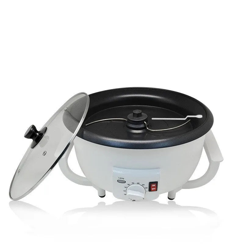 White oblate coffee bean roasting machine with 750g capacity and 225mm base diameter