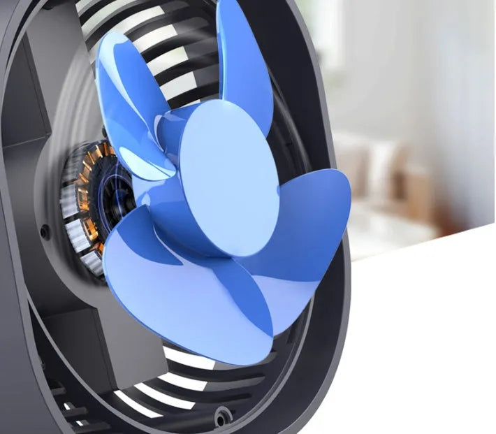 USB charging desk fan with 360-degree rotation in modern alarm clock design