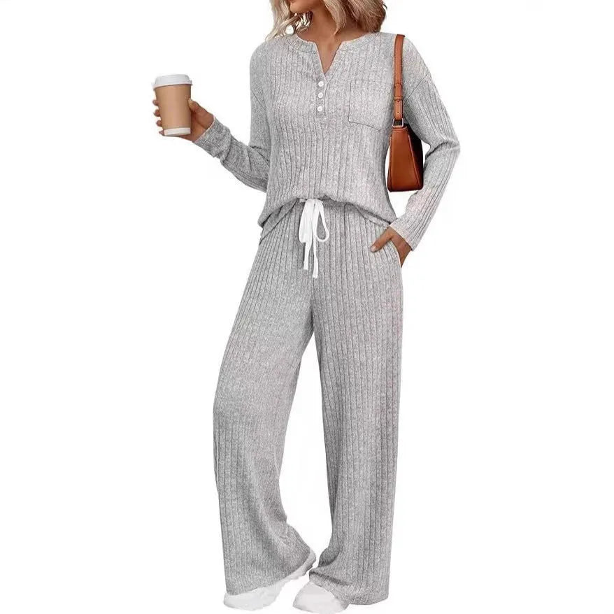 V-neck striped knit long coat with pockets and matching pants in light gray, six colour options
