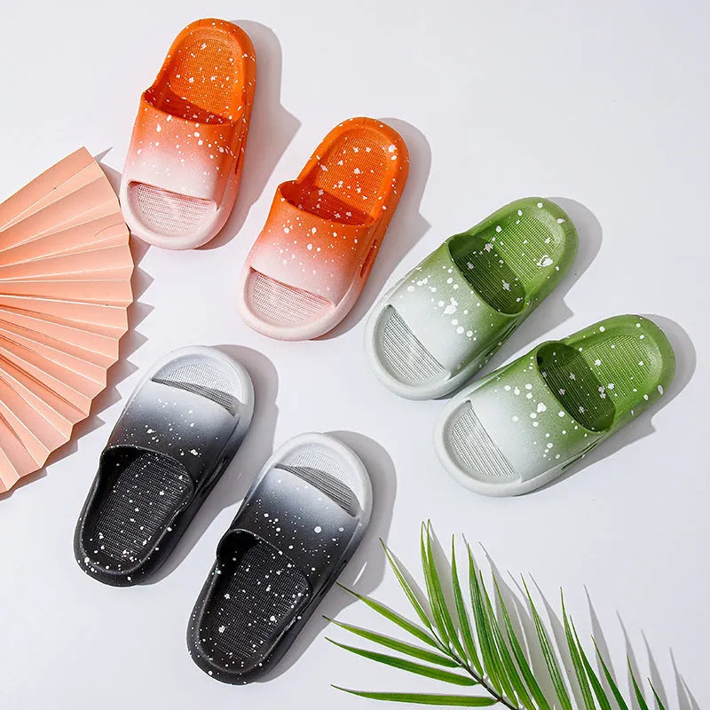 Gradient blue PVC slippers for children on a white background.