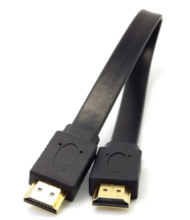 Flat black HDMI cable with HDMI connectors at each end on a white background.