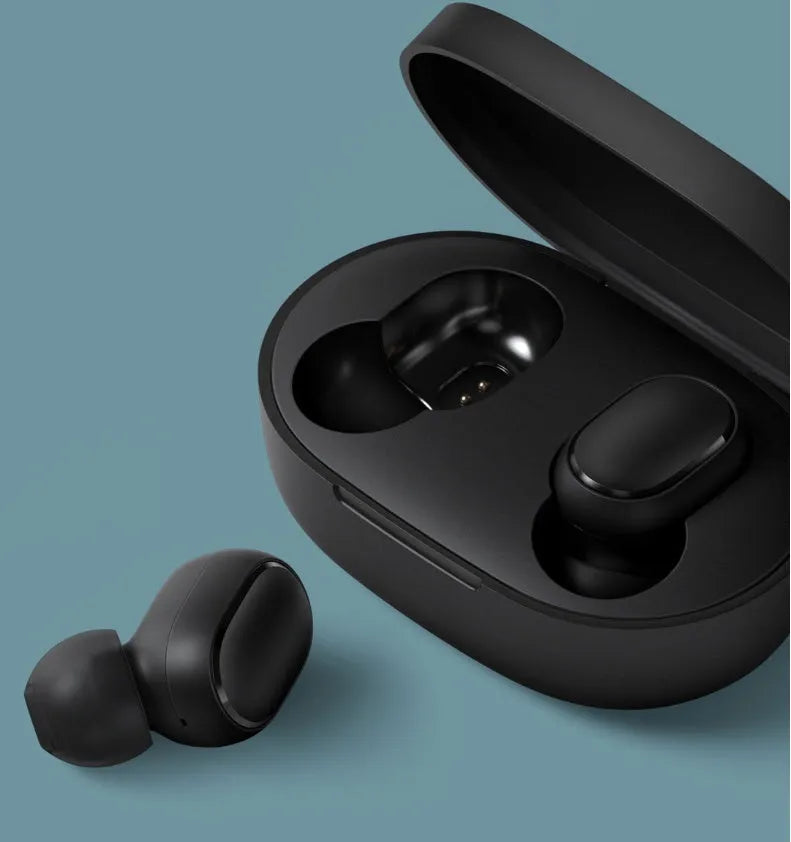 Black Redmi AirDots 2 true wireless earbuds with their compact charging case.