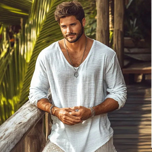 Men's beige V-neck long-sleeved t-shirt in a slim fit laid flat.