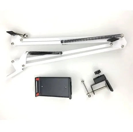 Support phone tablet stand in black on a desk, holding a smartphone for hands-free viewing