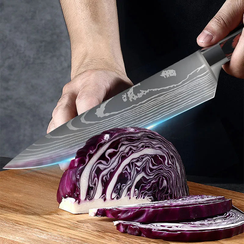 Chef knife set with 7CR17 steel blade, laser Damascus pattern, 18cm length, colour steel handle