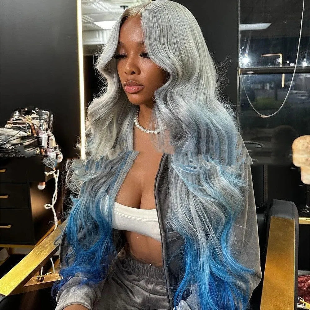 Grey blue gradient human hair lace front wig with 4x4 closure shown at 22 inch length