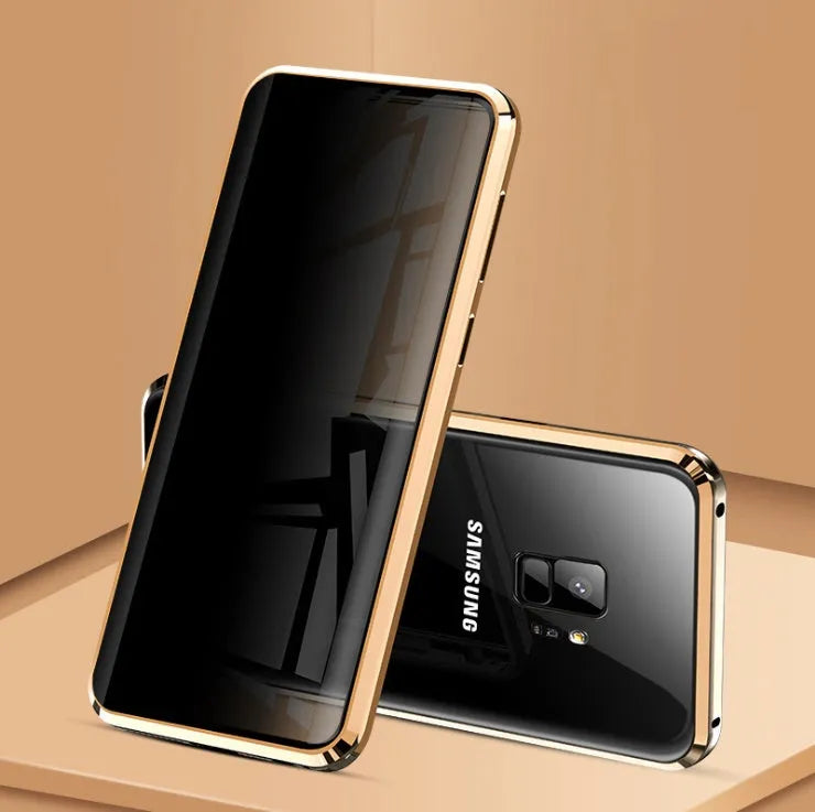 Black anti-peeping magnetic clamshell phone case for Samsung Galaxy S21 Ultra shown open and closed.