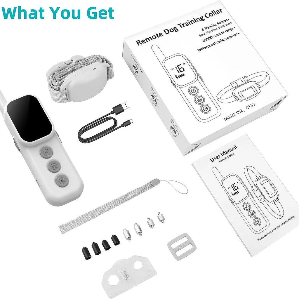 Remote control dog training bark-stop trainer with colour screen in black and white ABS plastic housing