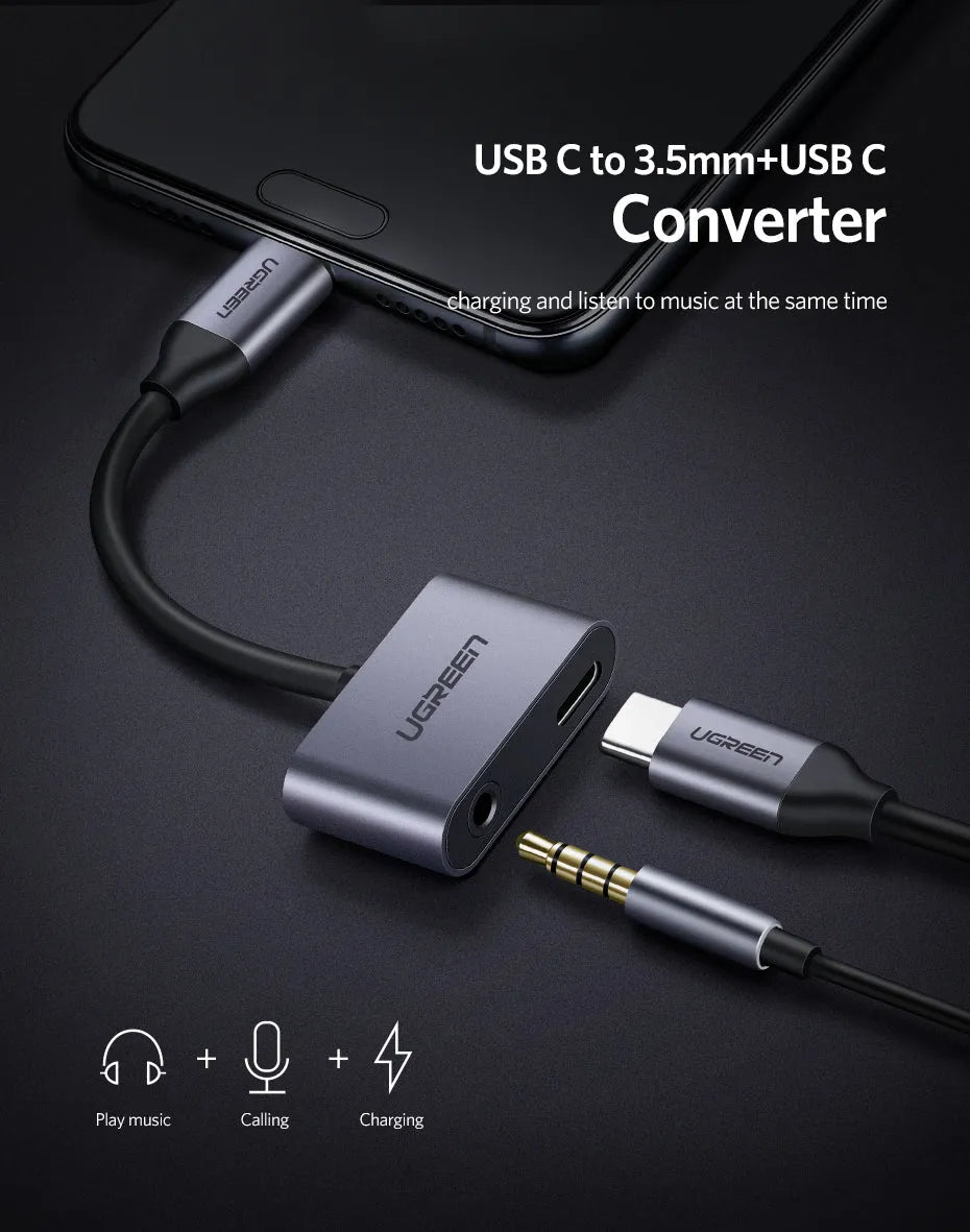 Black 2-in-1 Type C to 3.5mm headphone adapter for Huawei and Xiaomi smartphones