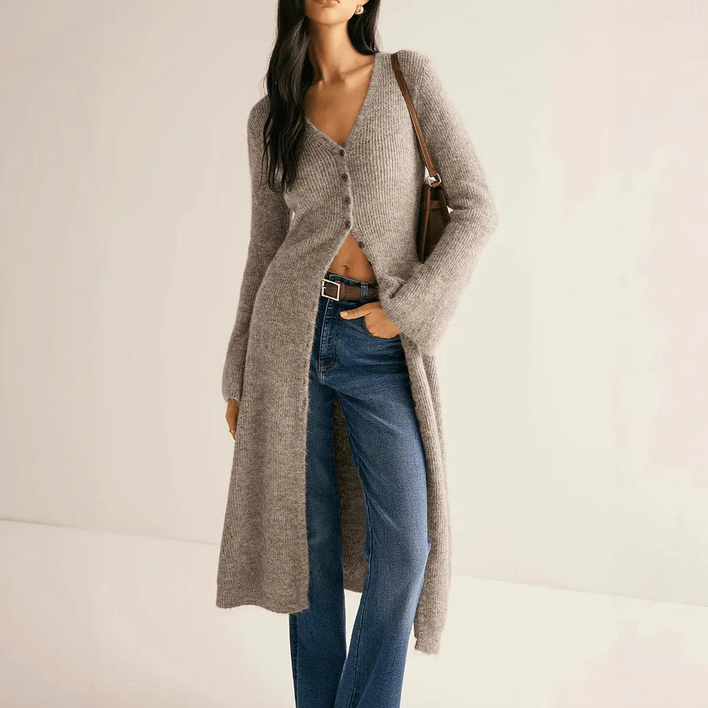 Khaki viscose acrylic blend button-front long sleeve cardigan for women, classic cardigan model