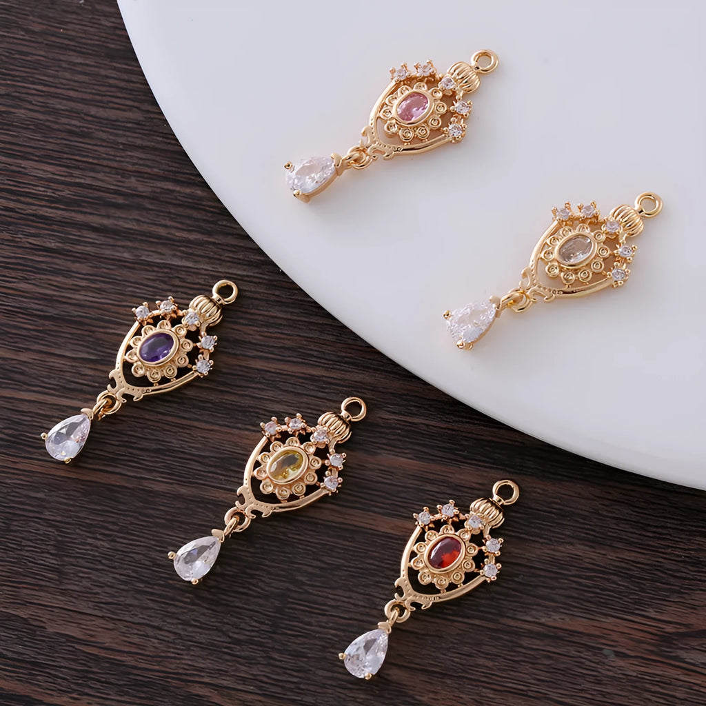 Water drop shaped copper pendant with micro inlaid zircon detail in choice of five colours.