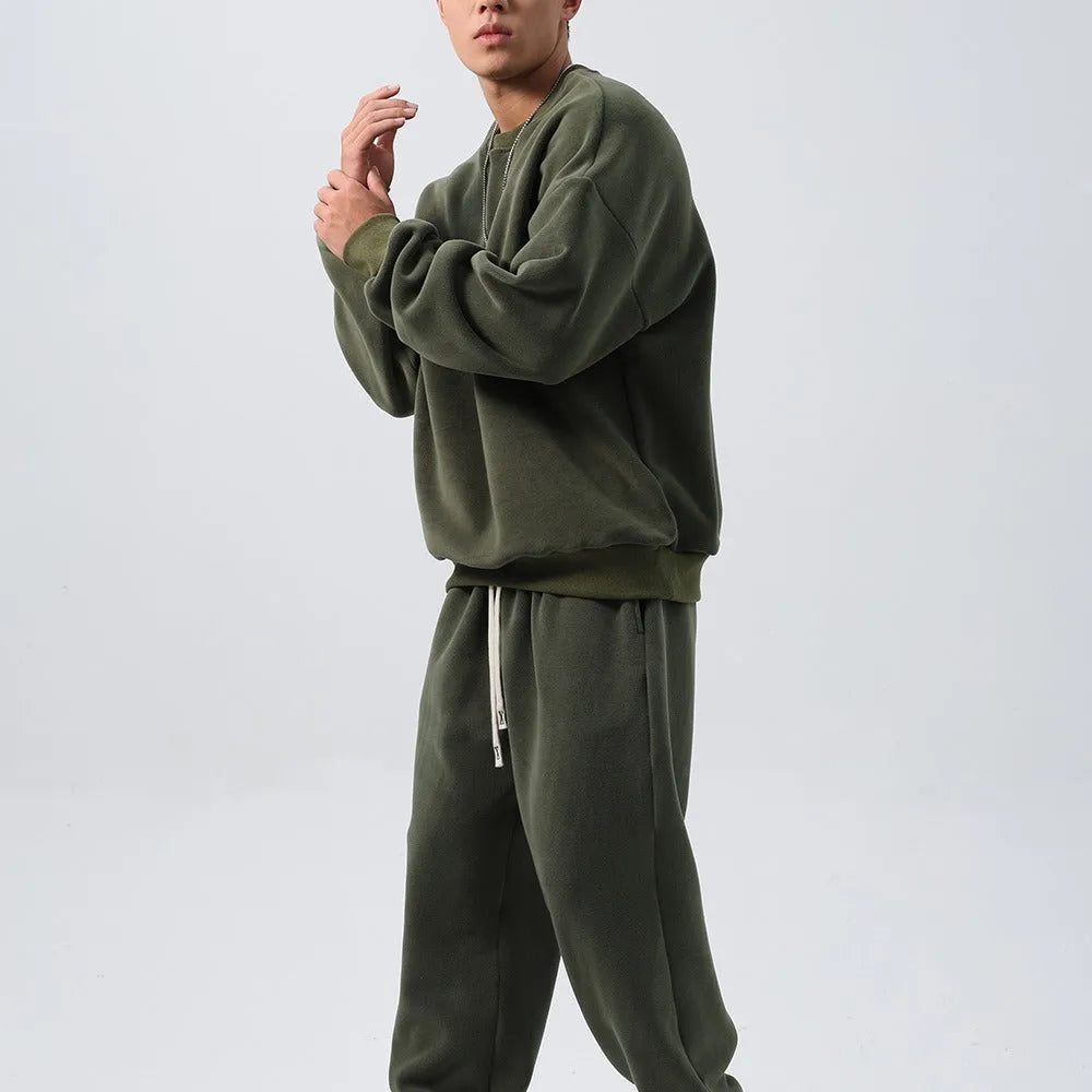Men's polar fleece sports suit set with padded trousers in army green colour