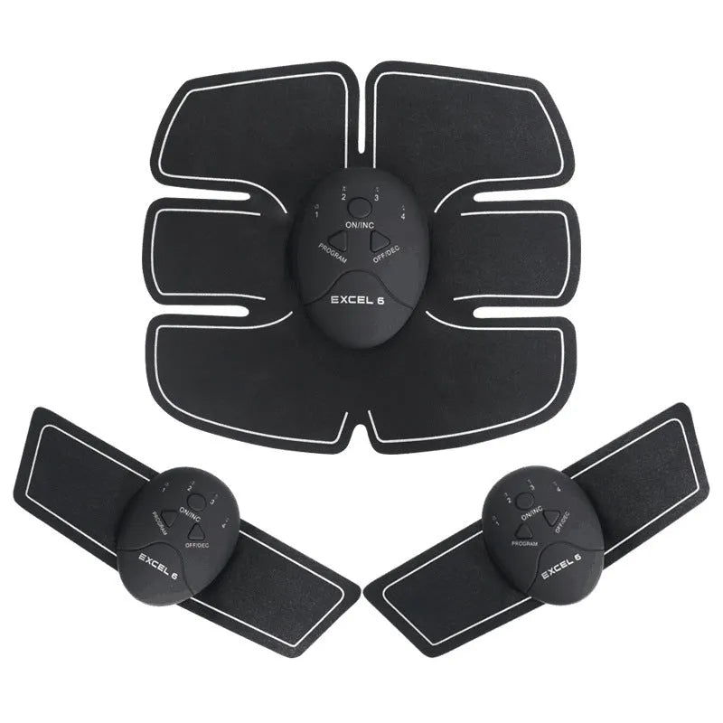 Black smart EMS abdominal muscle toning patch with push-button control and six modes for core strengthening