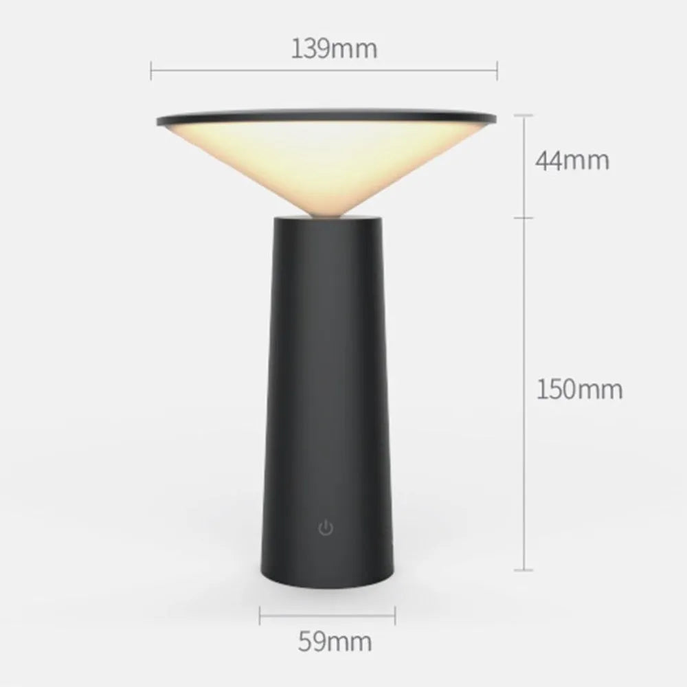 Black or white USB rechargeable LED desk lamp with touch sensor and adjustable head on a desk.