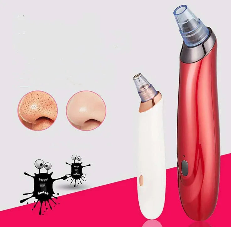 Electric blackhead extractor tool in black, gold, red, or white with interchangeable nozzles.
