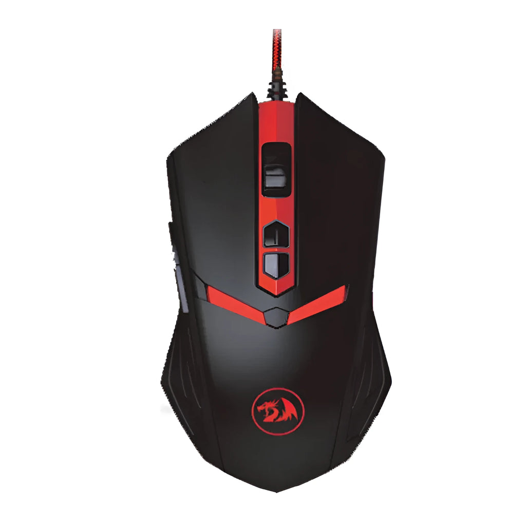 Black and red wired USB gaming mouse with six buttons on an ergonomic shape.