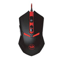 Black and red wired USB gaming mouse with six buttons on an ergonomic shape.