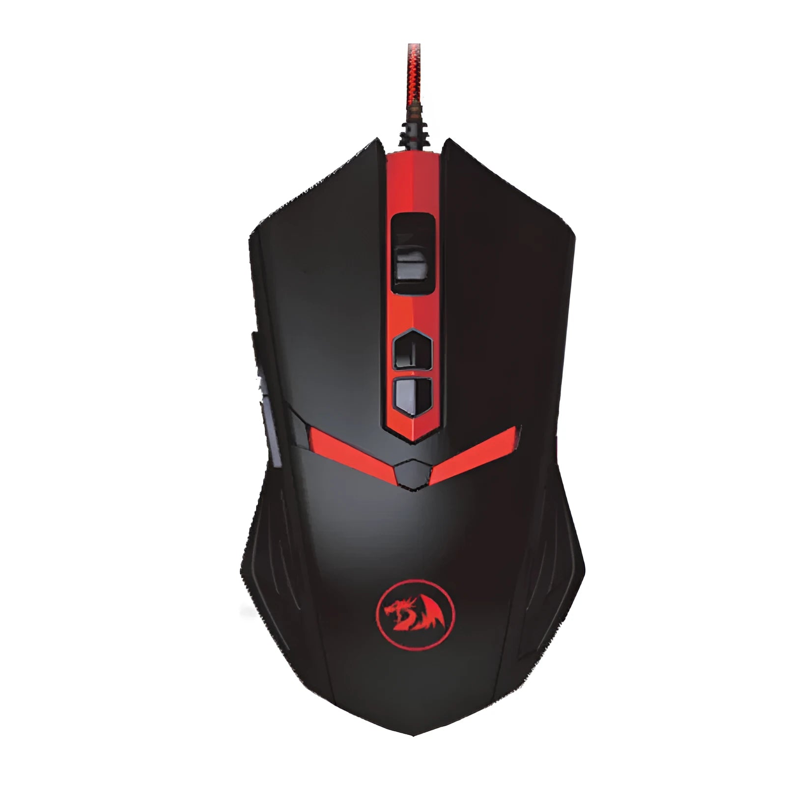 Black and red wired USB gaming mouse with six buttons on an ergonomic shape.