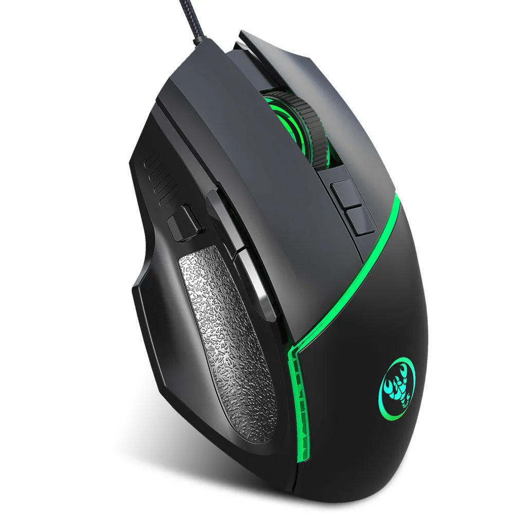 Black A876 wired gaming mouse with 8 buttons, 6400 DPI sensor, and 7-color breathing light on a desk
