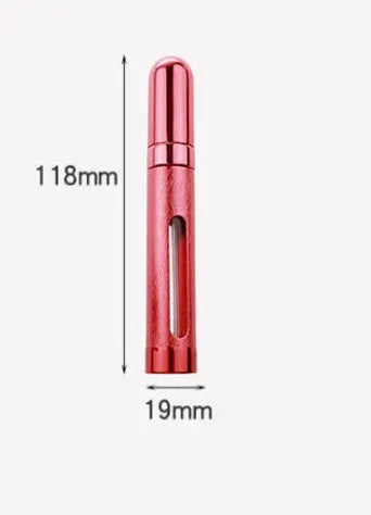 12ml aluminium portable perfume bottle atomiser in six colour options shown next to a ruler for scale.