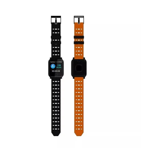 A6 smart bracelet with colour screen and zinc alloy body, shown with silicone strap in blue, black, or orange.