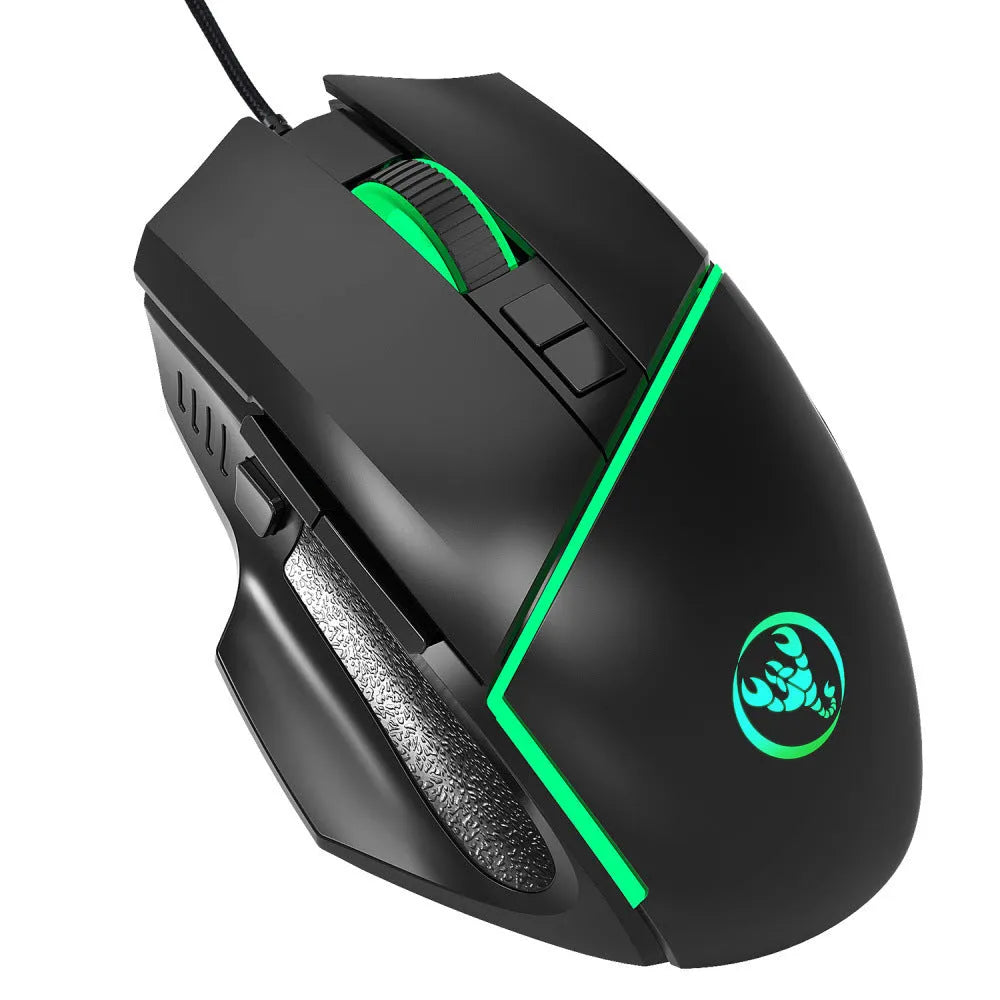Black A876 wired gaming mouse with 8 buttons, 6400 DPI sensor, and 7-color breathing light on a desk