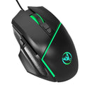 Black A876 wired gaming mouse with 8 buttons, 6400 DPI sensor, and 7-color breathing light on a desk