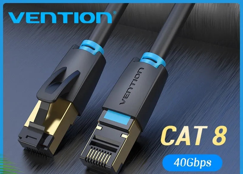 Shielded Cat8 Ethernet network cable with RJ45 connectors, showing flat and round style options.