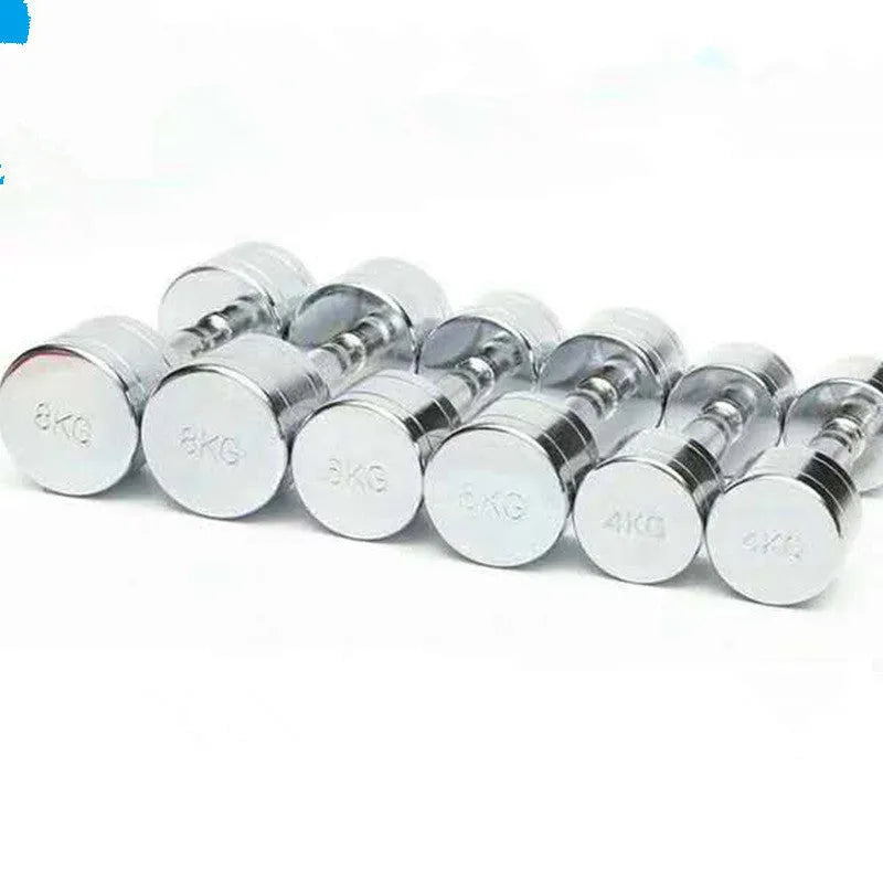 Silver pure steel electroplated dumbbell with ergonomic handle showing weight options