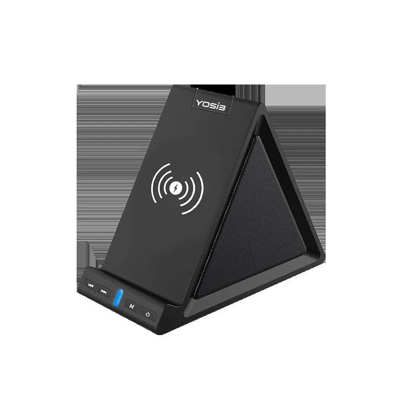 Black multifunctional Bluetooth speaker with integrated mobile phone stand and wireless charging capability