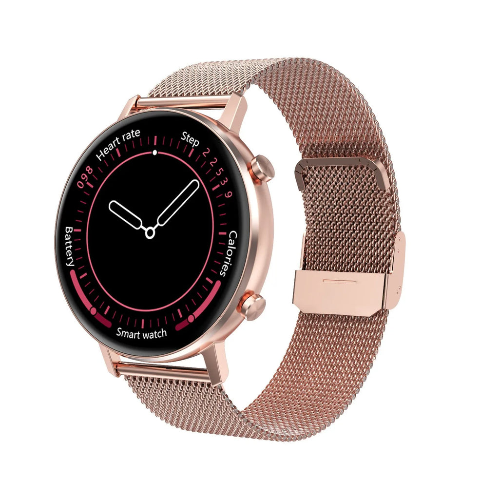 DT96 smart bracelet with steel strap and 1.3-inch display showing activity metrics