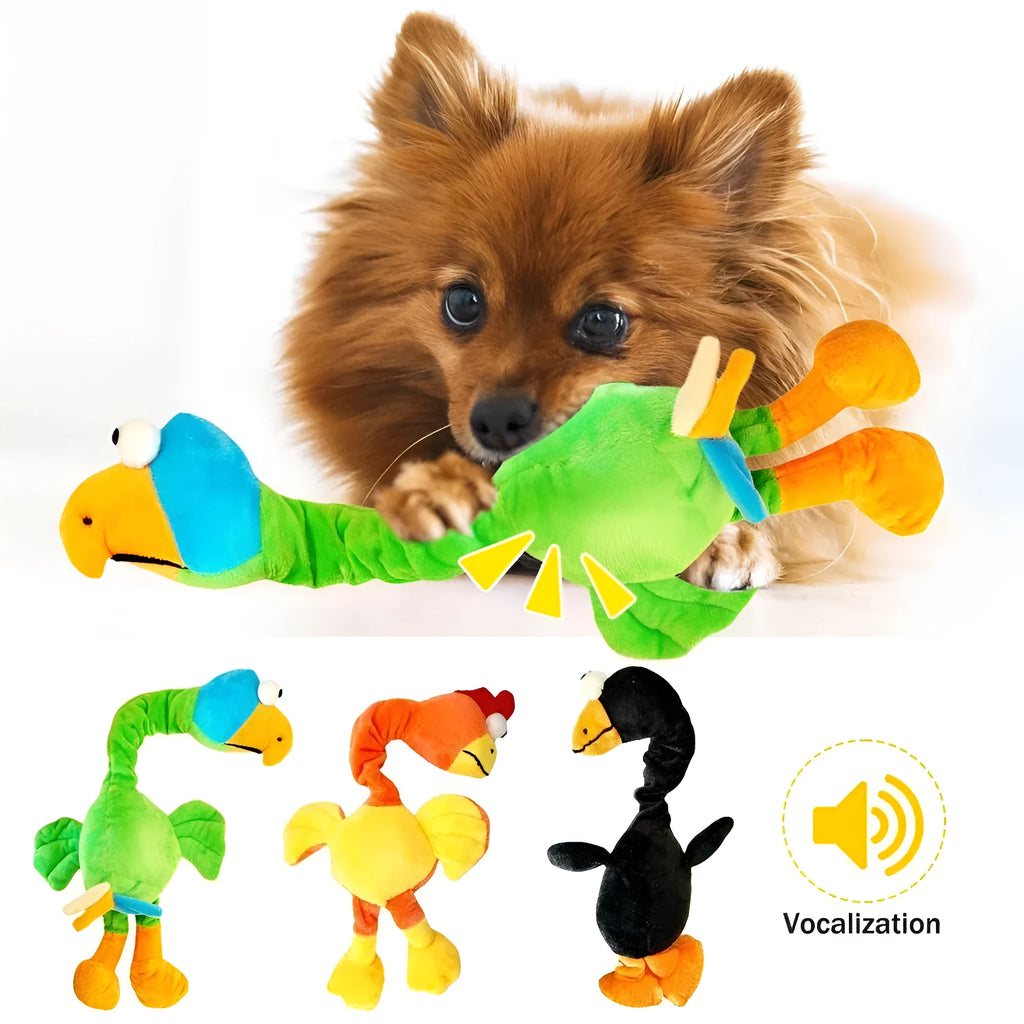 Screaming chicken sound dog chew toy in black, green and orange colours with bite resistant squeaky design