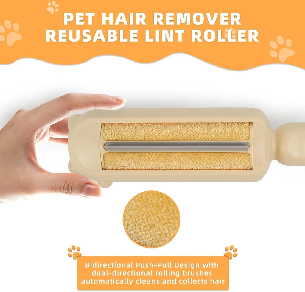 Blue reusable pet hair remover roller for cleaning furniture and car seats.