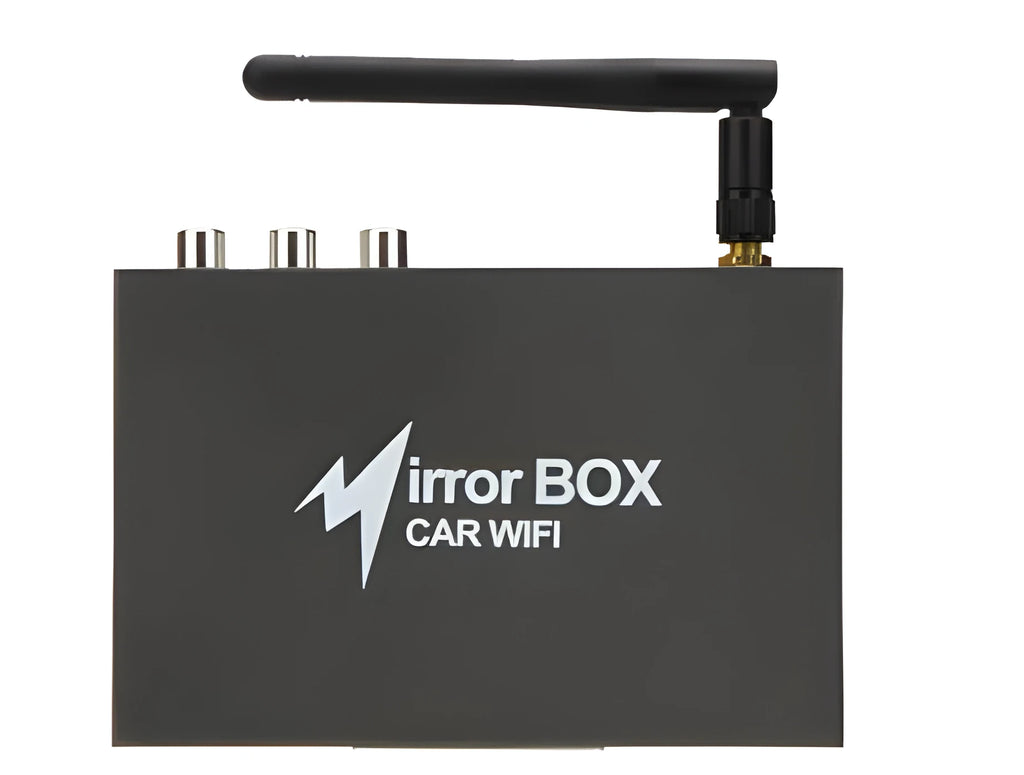 Black car Wi-Fi mirror link box converter with power cable, AV cable, antenna, and manual.