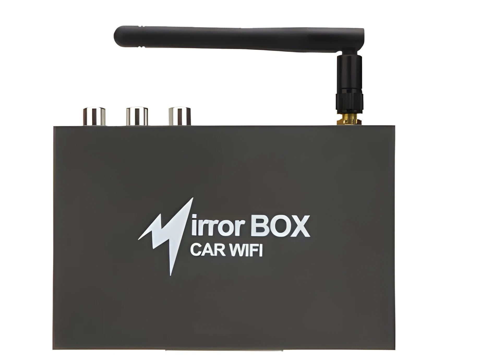 Black car Wi-Fi mirror link box converter with power cable, AV cable, antenna, and manual.