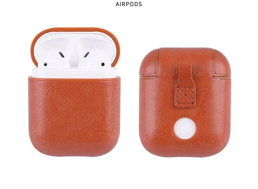 Genuine leather protective case for Apple Airpods in various colours showing charging port access.