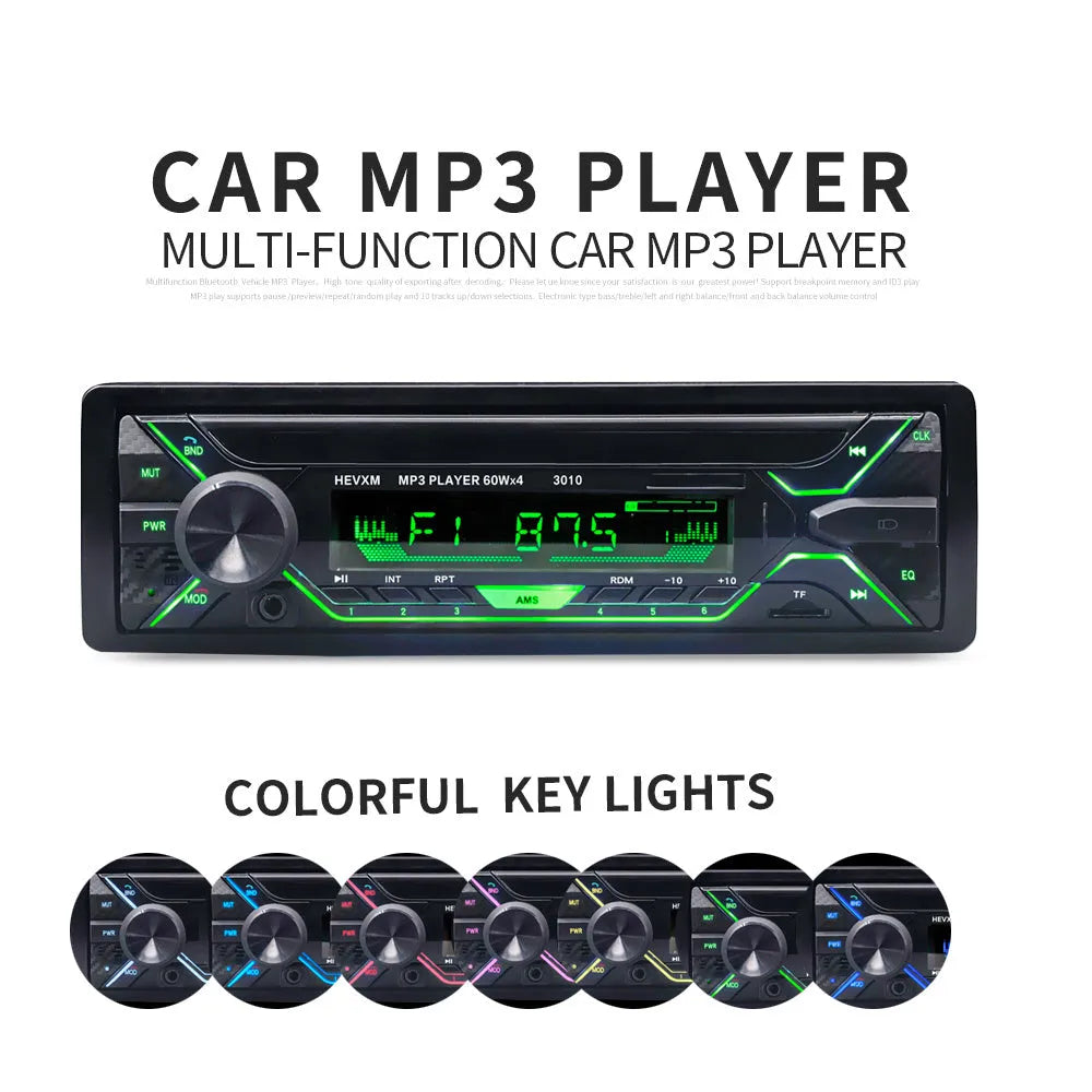 Car radio MP3 player with Bluetooth, LCD display, rotary volume knob, USB and TF card slots.