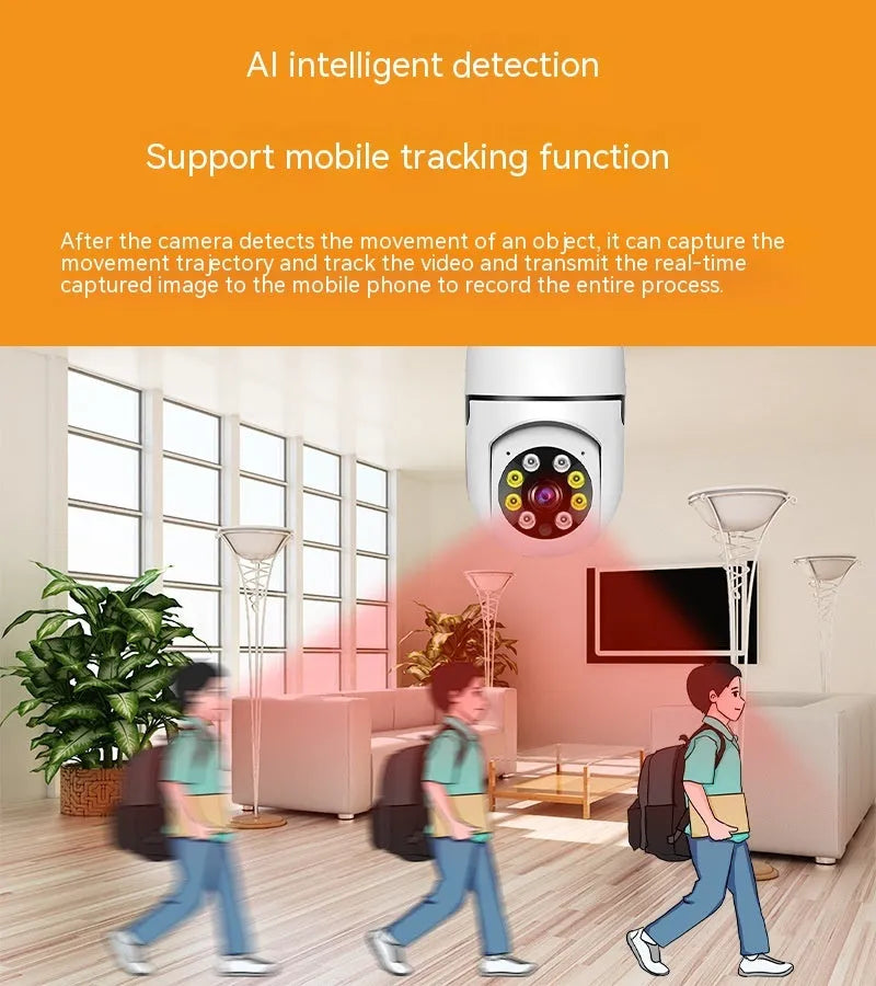 Wireless bulb security camera with compact 5cm by 12cm size and dual-band connectivity for indoor outdoor use