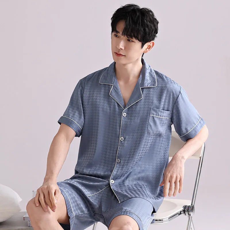 Men's lightweight ice silk pajama set in jacquard pattern with shorts length and cardigan style