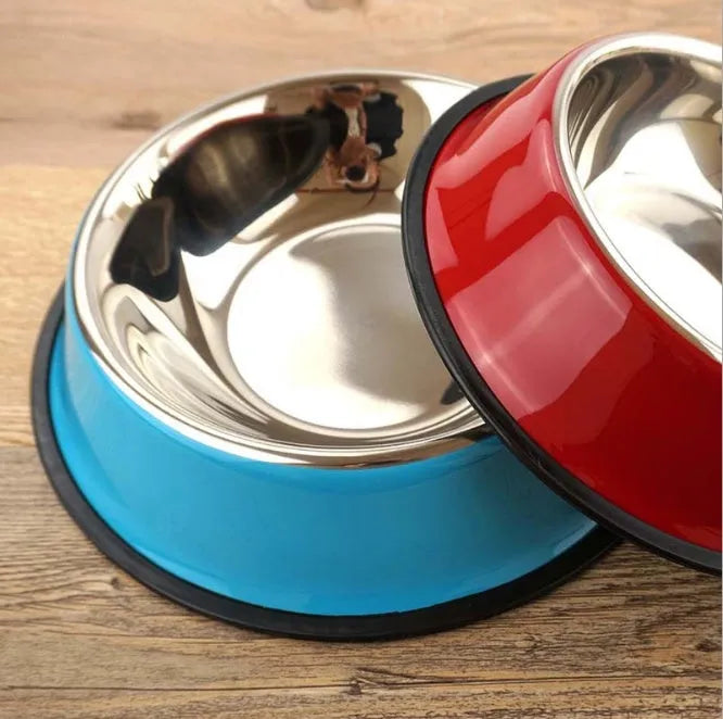 Stainless steel pet bowl inside a colourful melamine pot with a non-slip rubber ring base.