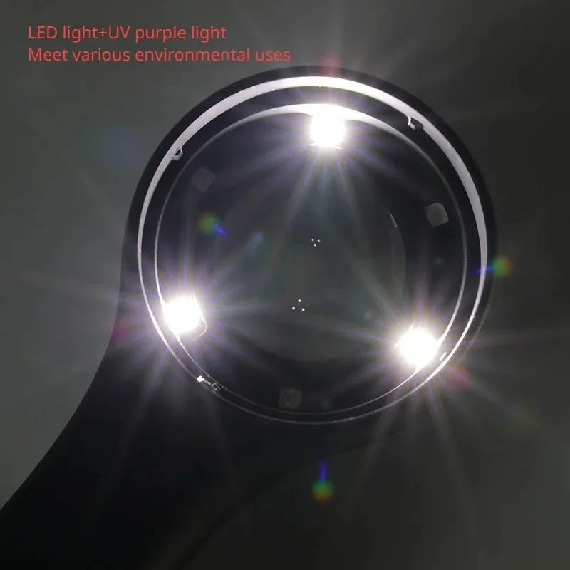 Handheld appraisal magnifying glass with optical glass lens in black and silver on white background