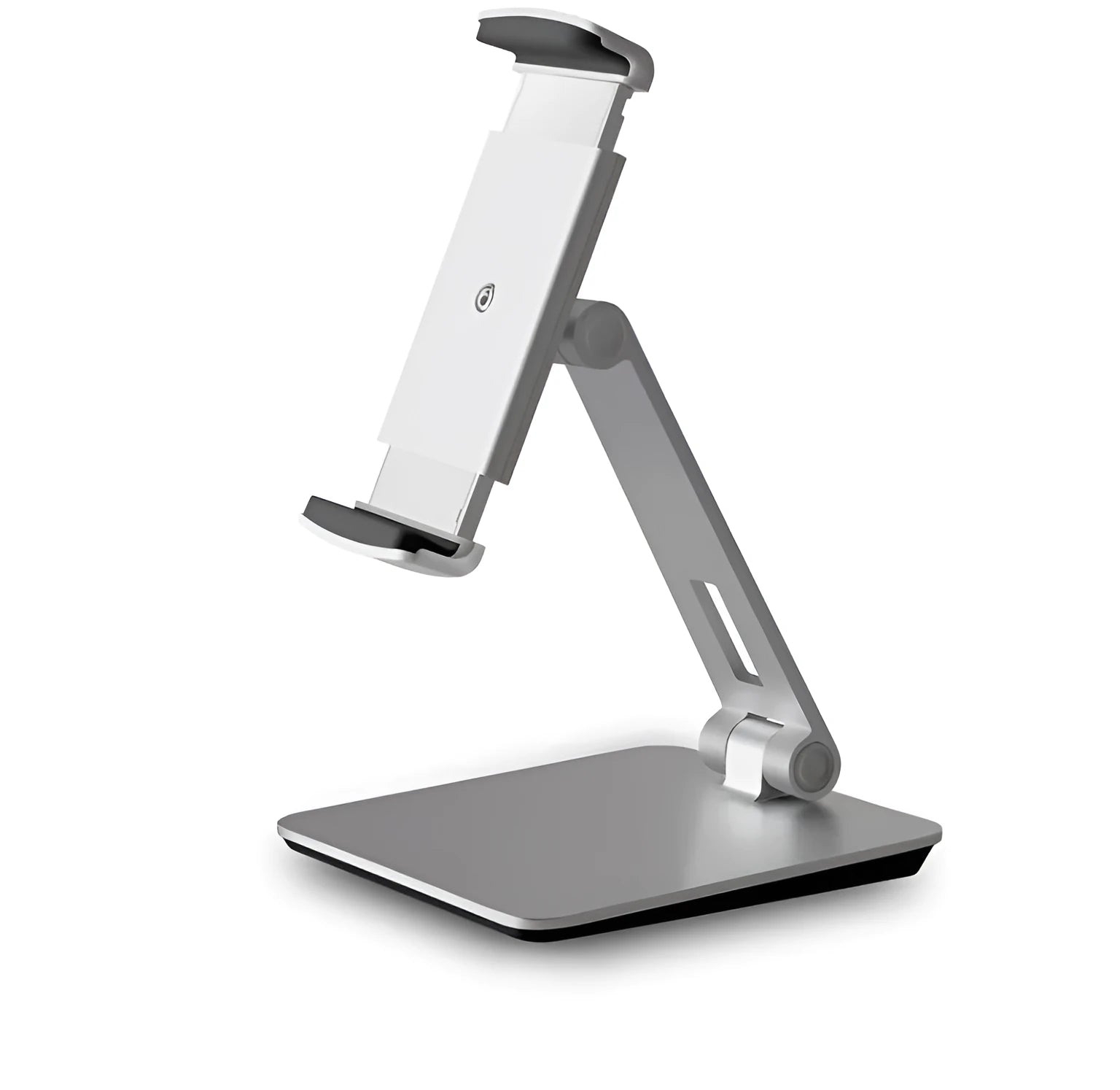Silver folding aluminium phone and tablet stand with 360° rotation on wooden desk
