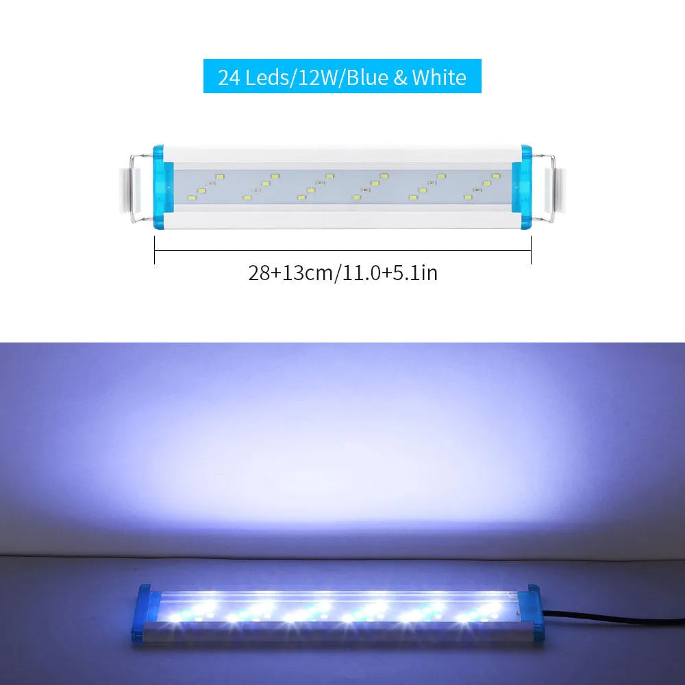 Ultra-thin LED aquarium light with blue and white illumination for fish tanks, available in sizes from 18cm to 58cm