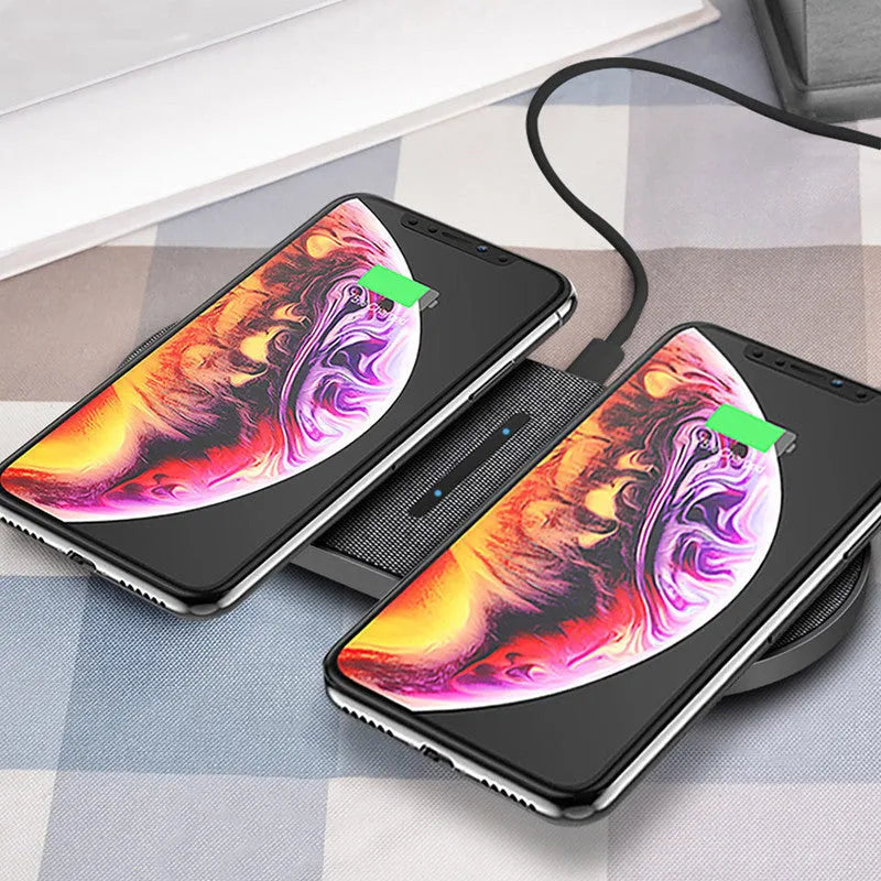 Black dual wireless charging pads with indicator lights showing 10W quick charging capability