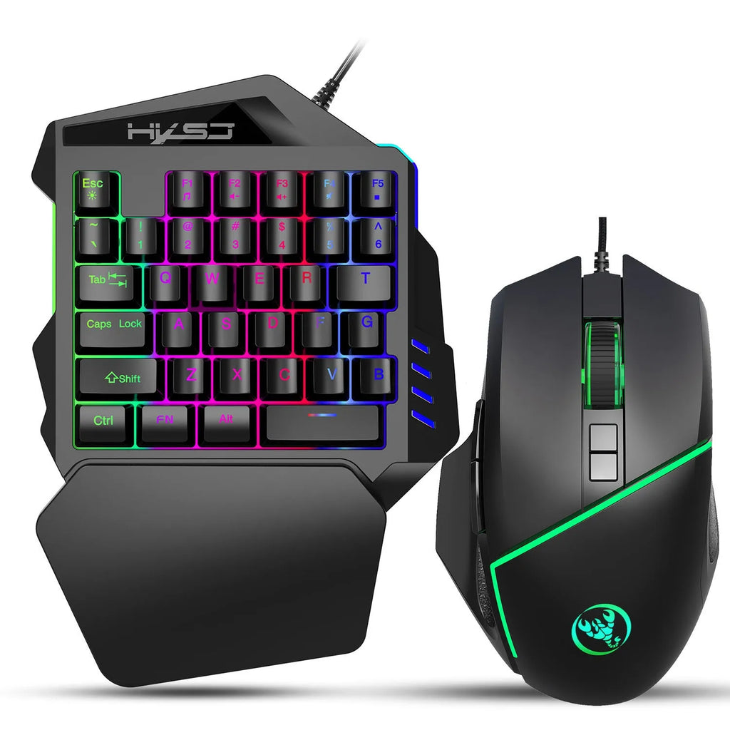 Black A876 wired gaming mouse with 8 buttons, 6400 DPI sensor, and 7-color breathing light on a desk