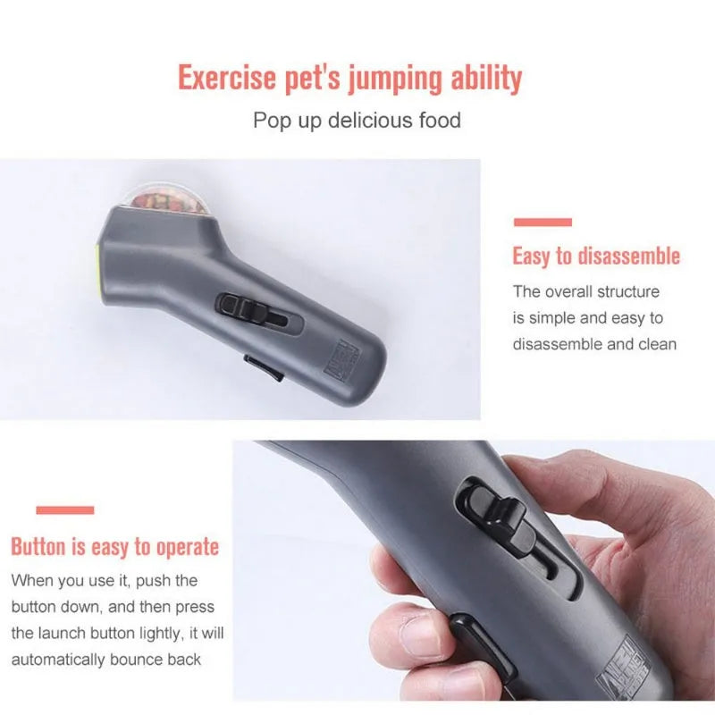 Grey dog treat catapult launcher measuring 18cm with spring trigger for 3 metre snack ejection